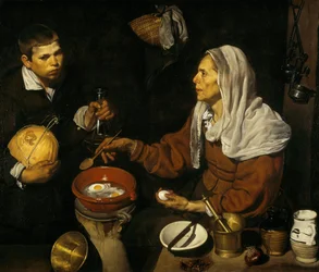 Eine alte Frau beim Eierkochen